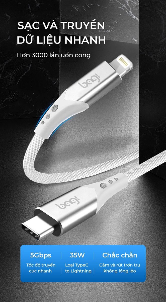 Cáp sạc nhanh Type C to Lightning dây dù Bagi PD 35W dài 1.2m PD-I120 - ảnh 7