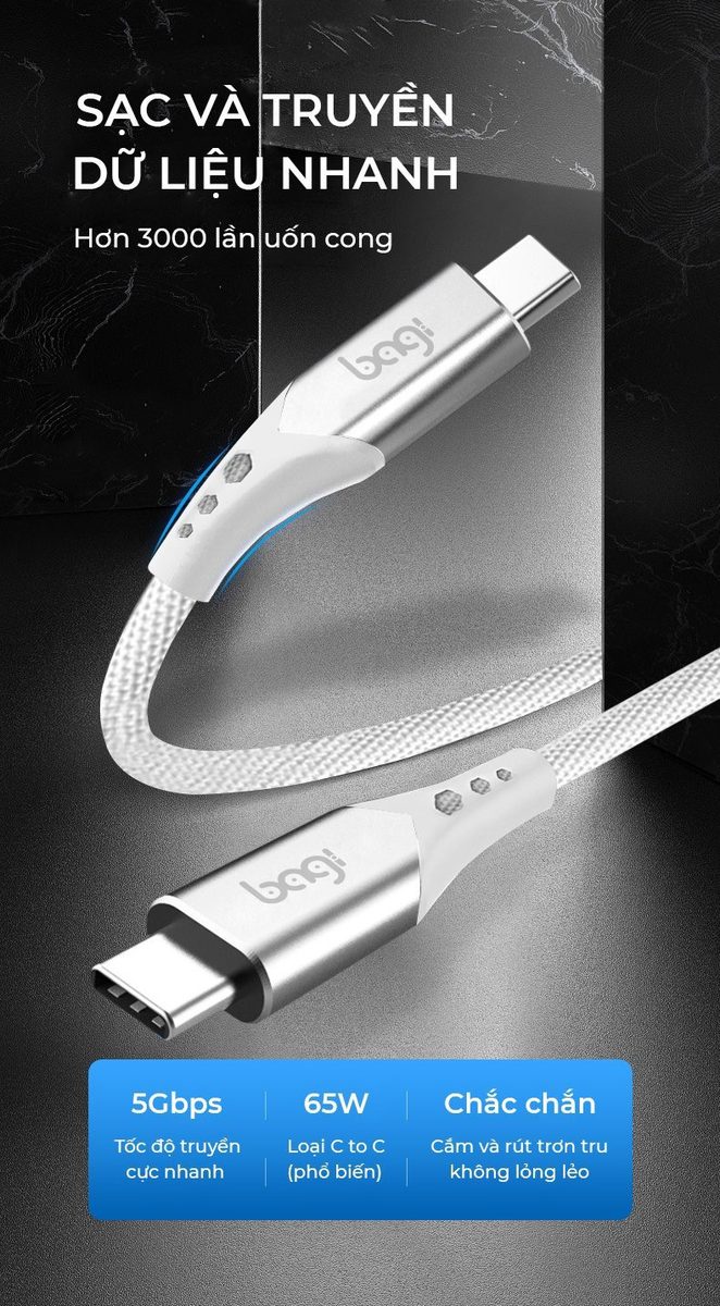 Cáp dù sạc nhanh Type C to Type C Bagi PD 65W dài 1.2m PD-C120 – ảnh 3