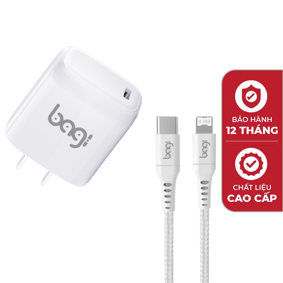Combo củ + cáp sạc PD20w tiện lợi nhỏ gọn Bagi Type C-Lightning