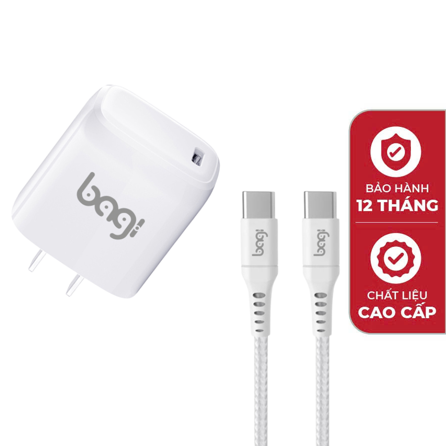 Combo củ + cáp sạc PD20w tiện lợi nhỏ gọn Bagi Type C-Type C