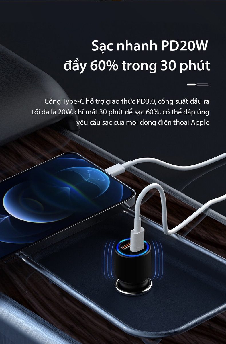Củ sạc nhanh ôtô 2 cổng- Usb + Type C PD20W Bagi – ảnh 7