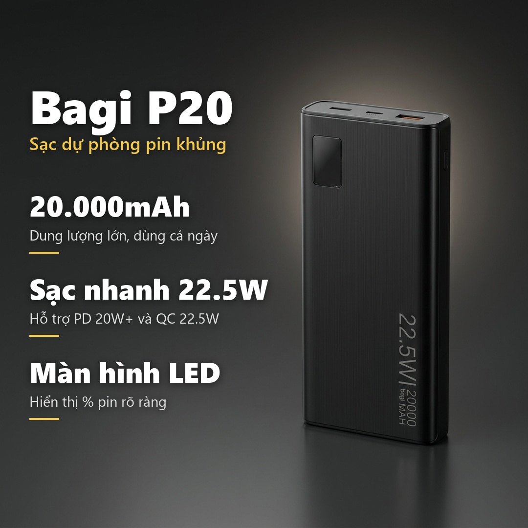 Pin sạc dự phòng Bagi P20 – thông số 20.000mAh, sạc nhanh 22.5W, màn hình LED