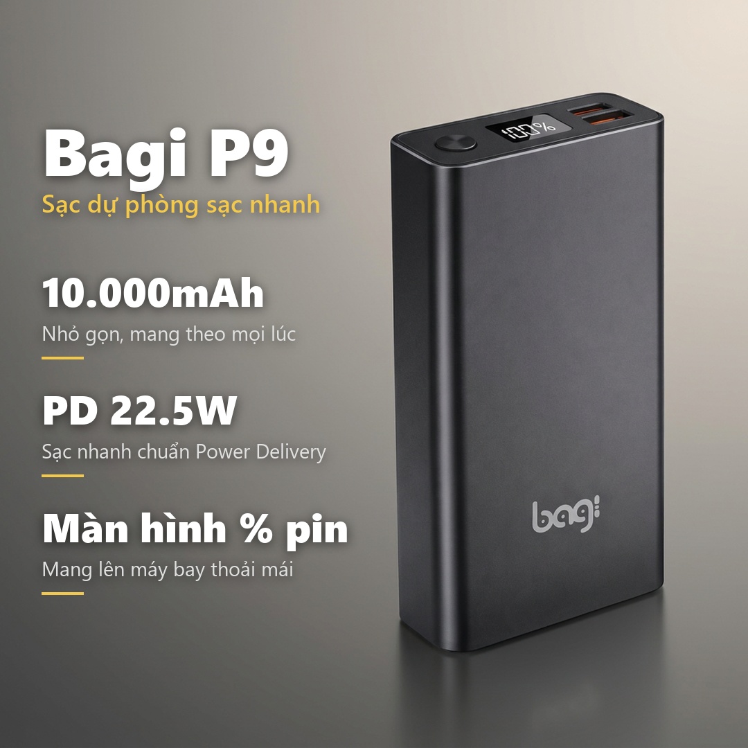 Pin sạc dự phòng Bagi P9 – thông số 10.000mAh, sạc nhanh PD 22.5W, màn hình % pin