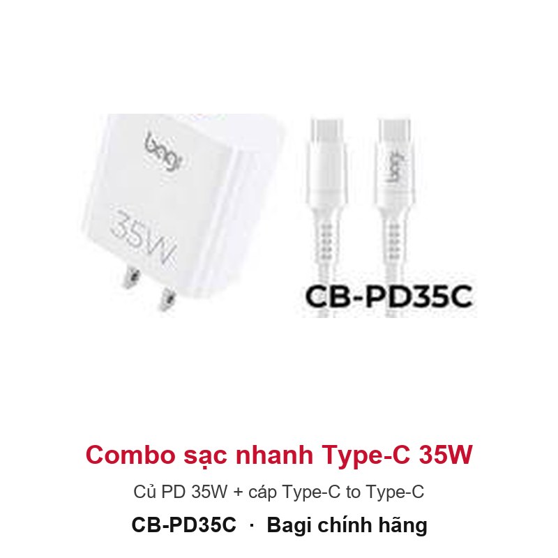 Combo sạc nhanh Type-C 35W Bagi CB-PD35C (củ PD 35W + cáp Type-C to Type-C) – ảnh sản phẩm chính hãng Bagi