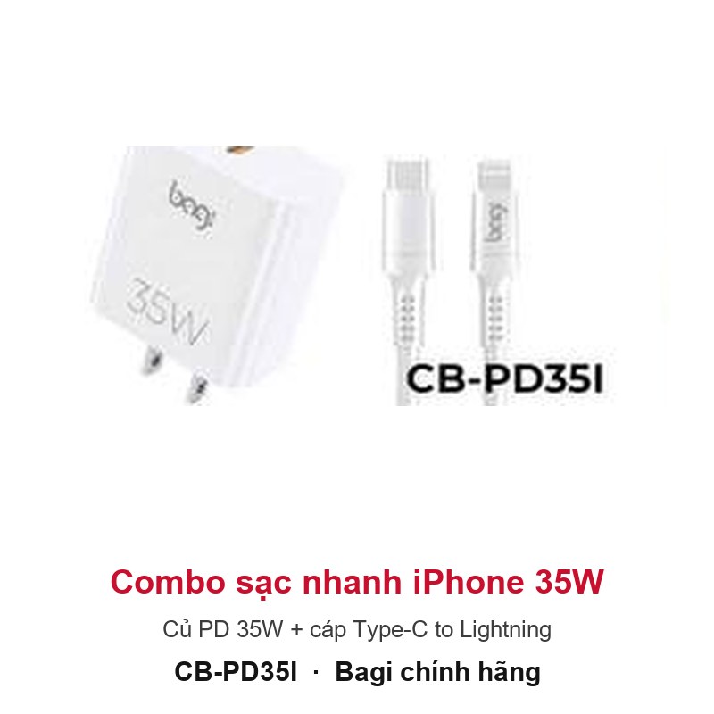 Combo sạc nhanh iPhone 35W Bagi CB-PD35I (củ PD 35W + cáp Type-C to Lightning) – ảnh sản phẩm chính hãng Bagi