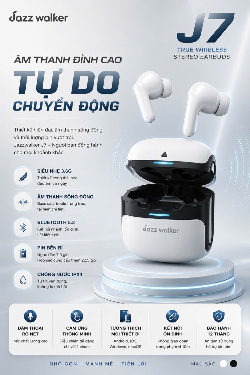 Tai Nghe Không Dây Bluetooth Jazzwalker J7 – Âm Thanh Đỉnh Cao, Tự Do Chuyển Động - ảnh 2