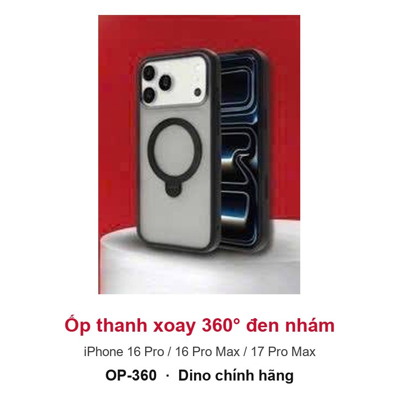 Ốp lưng thanh xoay 360° đen nhám Dino cho iPhone 16 Pro / 16 Pro Max / 17 Pro Max – ảnh sản phẩm chính hãng Dino