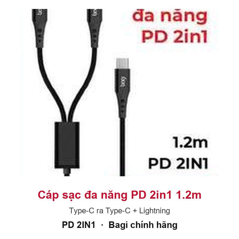 Cáp sạc đa năng PD 2in1 Bagi dài 1.2m (Type-C ra Type-C + Lightning)