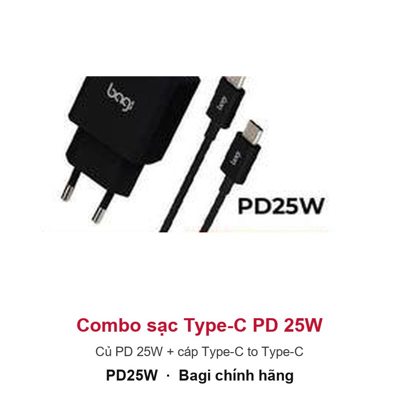Combo sạc Type-C Bagi PD 25W PD25W (củ + cáp Type-C to Type-C) – ảnh sản phẩm chính hãng Bagi