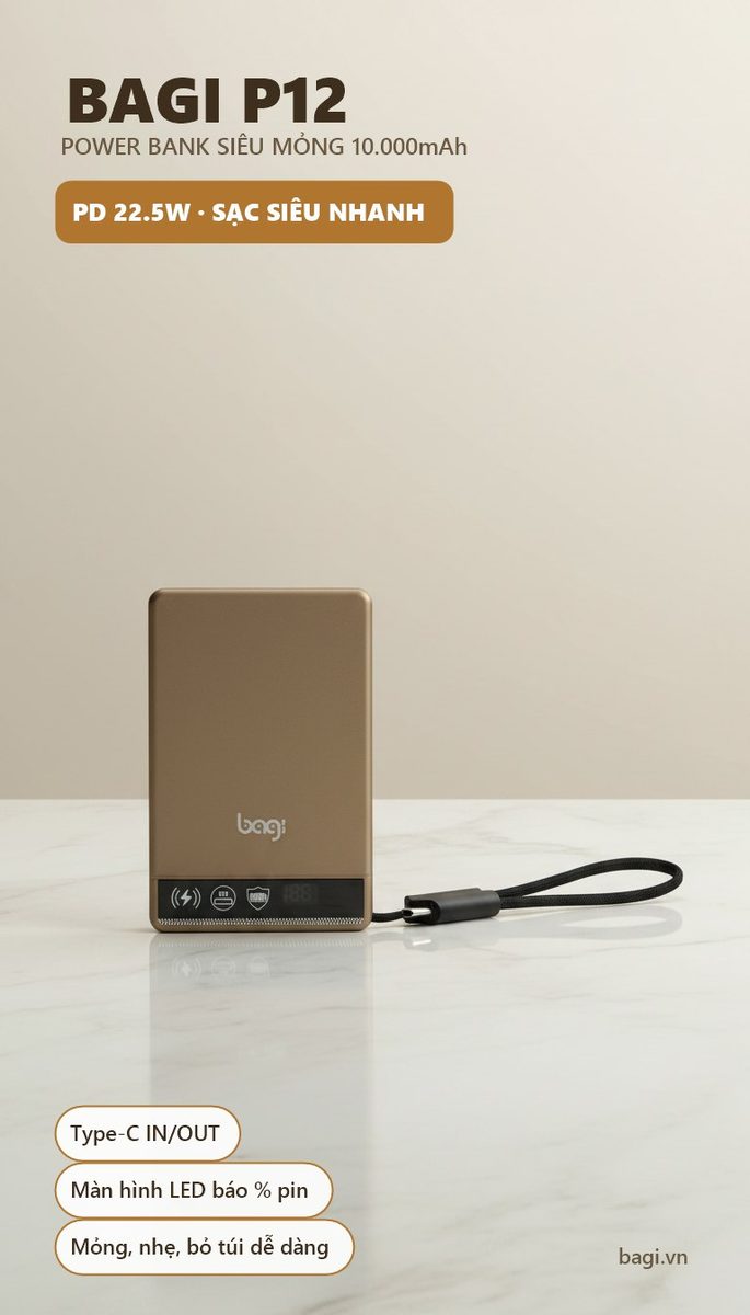 Pin dự phòng Bagi P12 siêu mỏng 10.000mAh PD 22.5W - ảnh 2