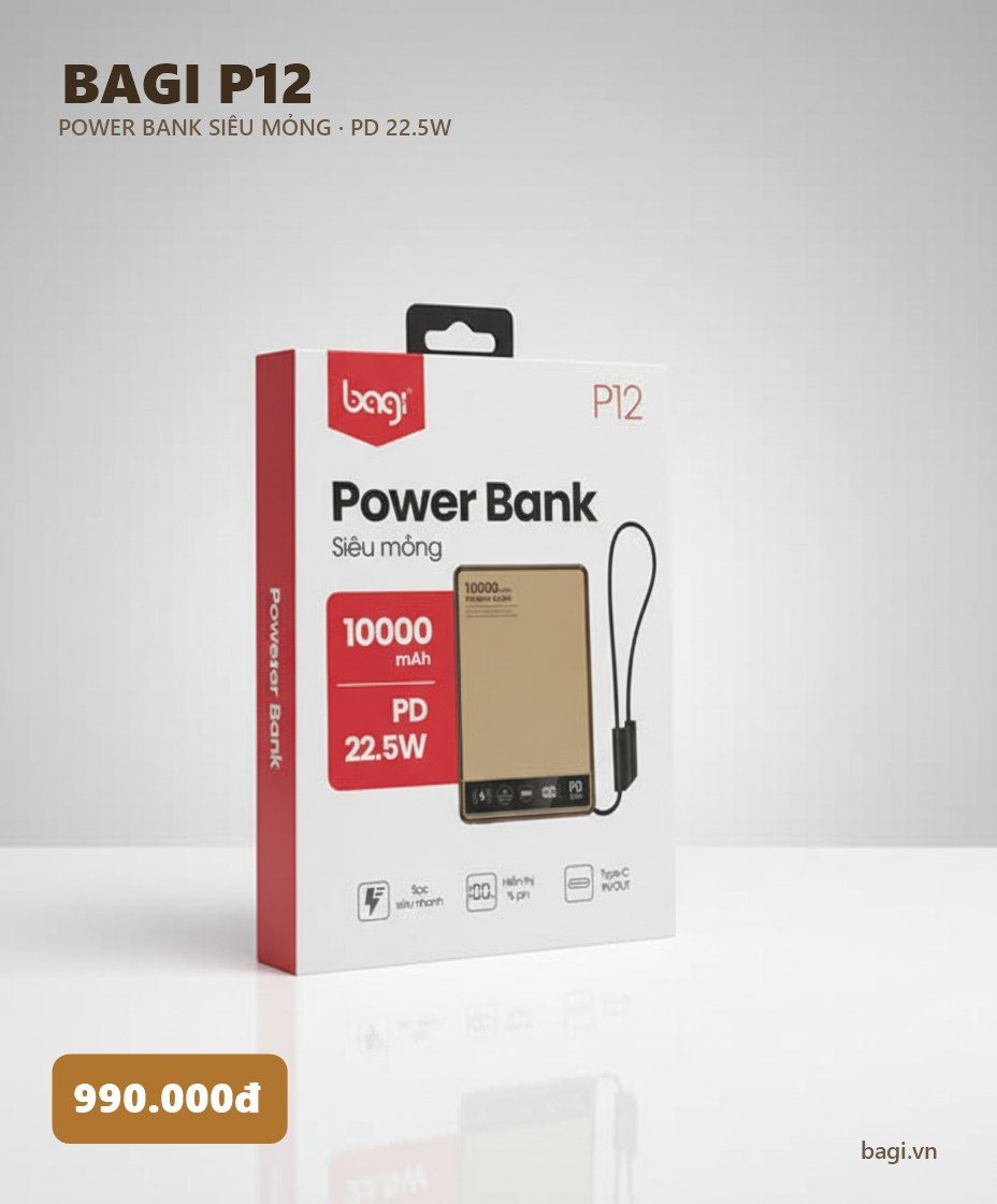 Pin dự phòng Bagi P12 siêu mỏng 10.000mAh PD 22.5W - ảnh 3