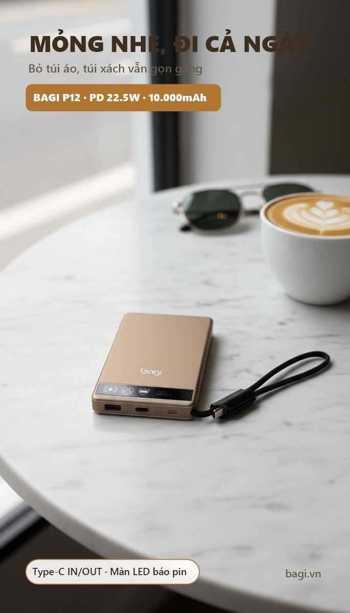 Pin dự phòng Bagi P12 siêu mỏng 10.000mAh PD 22.5W - ảnh 4