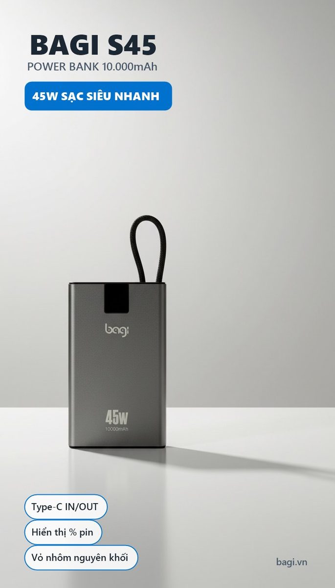 Pin dự phòng Bagi S45 10.000mAh sạc nhanh 45W - ảnh 2